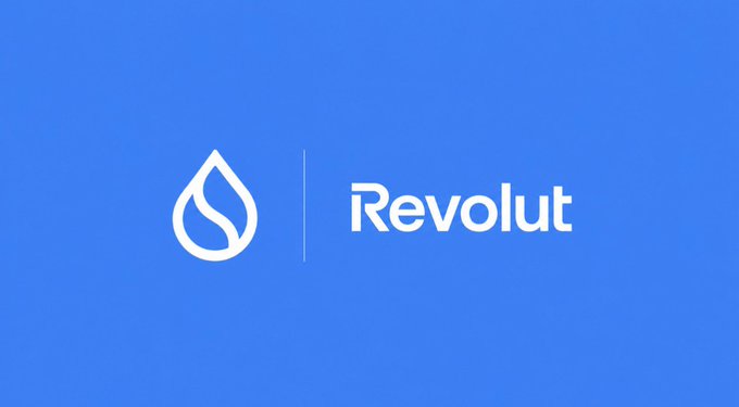 The image displays the Revolut logo in white against a blue background, featuring its distinctive water drop emblem alongside the "Revolut" wordmark, visually representing the fintech company whose upcoming $EURR stablecoin is announced for launch across multiple blockchains including Sui Network.