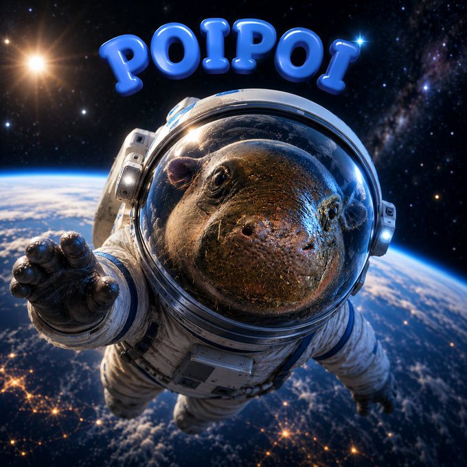 A digital artwork titled 'POIPOI' depicts a hippopotamus wearing a space suit, floating above Earth against a starry cosmic background.