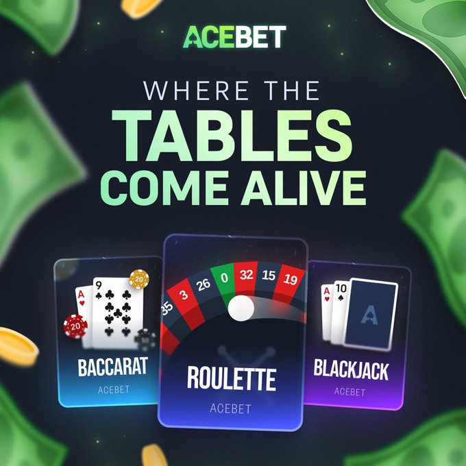A promotional graphic for AceBet featuring the tagline "WHERE THE TABLES COME ALIVE," showcasing three game tiles—Baccarat (Ace and 9 of spades), Roulette (with numbers 0, 19, 32, 15, 3, 26, and 35 visible on the wheel), and Blackjack (Ace and 10)—set against a dark background with floating green banknotes and gold coins. The image aligns with the post's call to action by promoting AceBet's live table games while directing viewers to use the referral code "Thedefiape" to sign up.