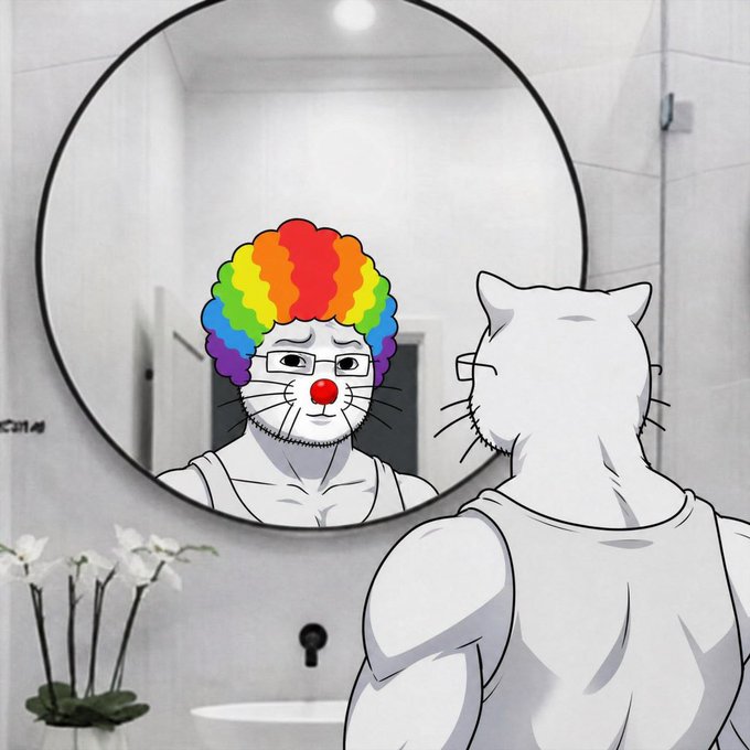 A muscular anthropomorphic cat with a rainbow clown wig and red clown nose stares at its reflection in a bathroom mirror, appearing surprised at its muscular physique. The image relates to the post's message about building something impressive ("catjak"), humorously depicting a "buff cat" transformation as a metaphor for the community's growing strength and development.