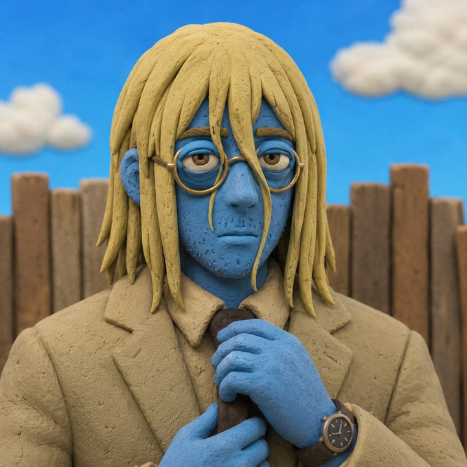 Stop-motion style claymation figure of a blue-skinned man with long blonde dreadlocks, round glasses, a tan suit and wristwatch standing by a wooden fence under a blue sky.