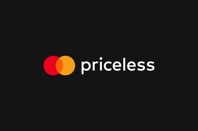 Mastercard's 'priceless' slogan displayed with its iconic red and yellow overlapping circles logo on a black background.