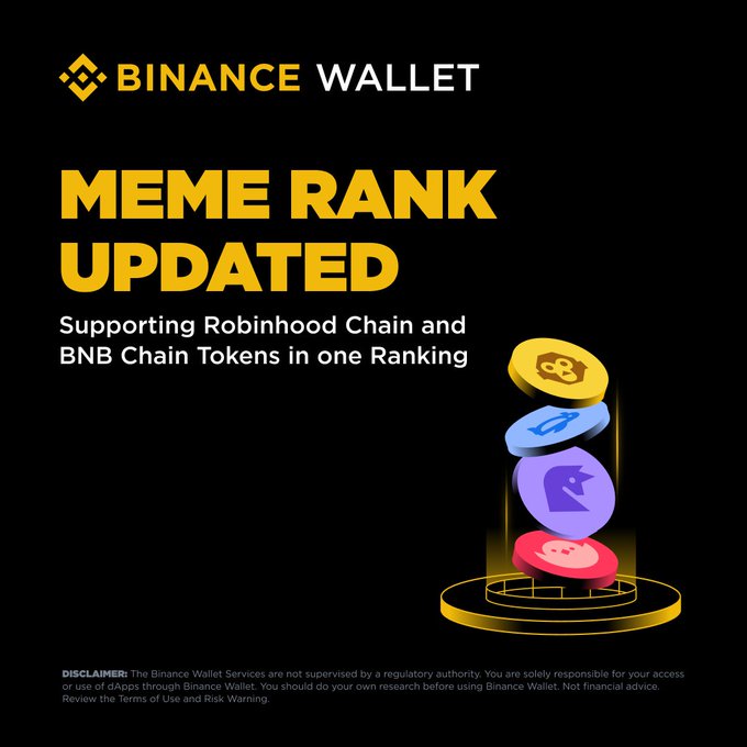 The image is a Binance Wallet promotional graphic with the headline "MEME RANK UPDATED" in bold yellow text, announcing support for Robinhood Chain and BNB Chain tokens in one unified ranking. It features an illustration of four colorful meme-themed coins stacked on a circular podium, visually reinforcing the post's message about cross-chain meme token rankings now available in a single leaderboard.