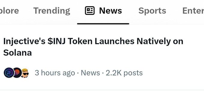 A social media news feed showing a headline: 'Injective's $INJ Token Launches Natively on Solana' posted 3 hours ago with 2.2K posts.