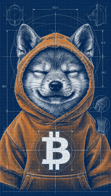 A blueprint-style illustration of a fox or wolf wearing an orange hoodie featuring a large Bitcoin (₿) symbol, set against a blue technical drawing background with measurements.