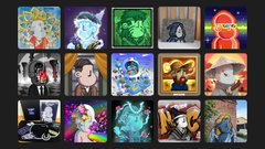 A 5x5 grid of colorful NFT profile pictures featuring various characters including robots, anime figures, and creatures with a glowing orange figure in the top right.