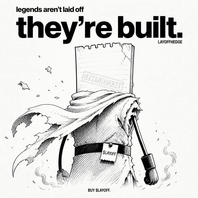 The image features a sketch-style illustration of a cloaked, faceless figure with a tattered hood, a burning fuse, and a "$LAYOFF" tag, paired with bold text reading "legends aren't laid off, they're built" by LAYOFFHEDGE, with "BUY $LAYOFF" at the bottom. The meme's themes of resilience and conviction-building align with the poster's "conviction bag" of meme stocks ($JIMOTHY, $MEMIPEDE, $WAKEUP, $TOADHOUSE, $TCAR), suggesting a stoic, buy-and-hold mindset toward volatile meme tickers.