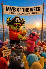 A colorful meme-style illustration depicting characters as 'MVB OF THE WEEK - MOST VALUABLE BULLBEAR' in a setting resembling a bear vs. bull crypto market scene.
