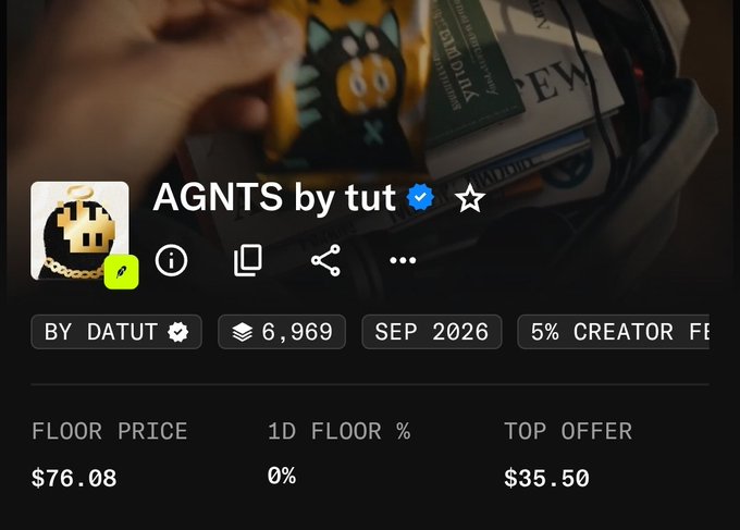 An NFT collection page on Magic Eden for 'AGNTS by tut' by DATUT, showing a floor price of $76.08, 6,969 items, and a top offer of $35.50.