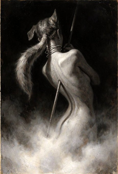A dark, surreal painting depicting a nude figure with a horse's head bound by ropes, pierced by a spear, and rising from swirling mist.