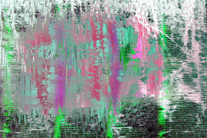 A distorted, glitchy abstract image with vertical streaks of green, pink, and white, resembling static or a corrupted screen.