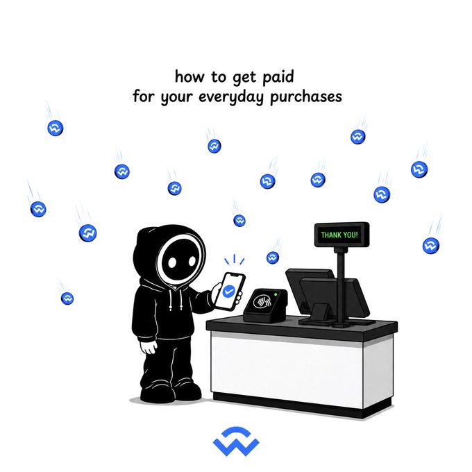 A cartoon hooded figure holding a smartphone with a checkmark pays at a checkout counter displaying 'THANK YOU!', while blue coin icons rain down under the text 'how to get paid for your everyday purchases'.