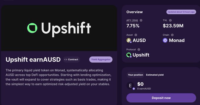 A dashboard for Upshift, a yield aggregator on the Monad blockchain, showing 7.75% APY for AUSD with a TVL of $23.59M and a 'Deposit now' button.