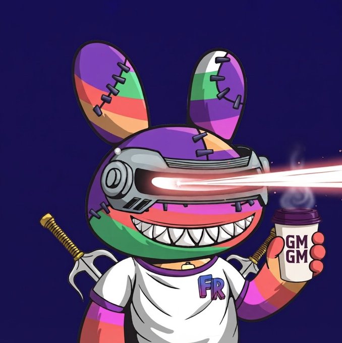 A cartoon illustration of a colorful stitched rabbit-like character wearing a VR headset that shoots a laser beam, holding a 'GM GM' coffee cup and a sword, wearing a shirt marked 'FR'.