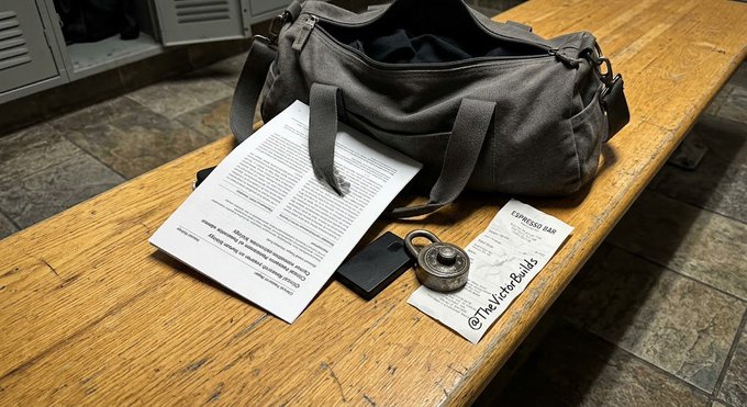 A black duffel bag sits on a wooden bench alongside printed documents, a black wallet, a metal object, and a receipt tagged '@TheAutoBubble' and 'SEASONED BAG'.