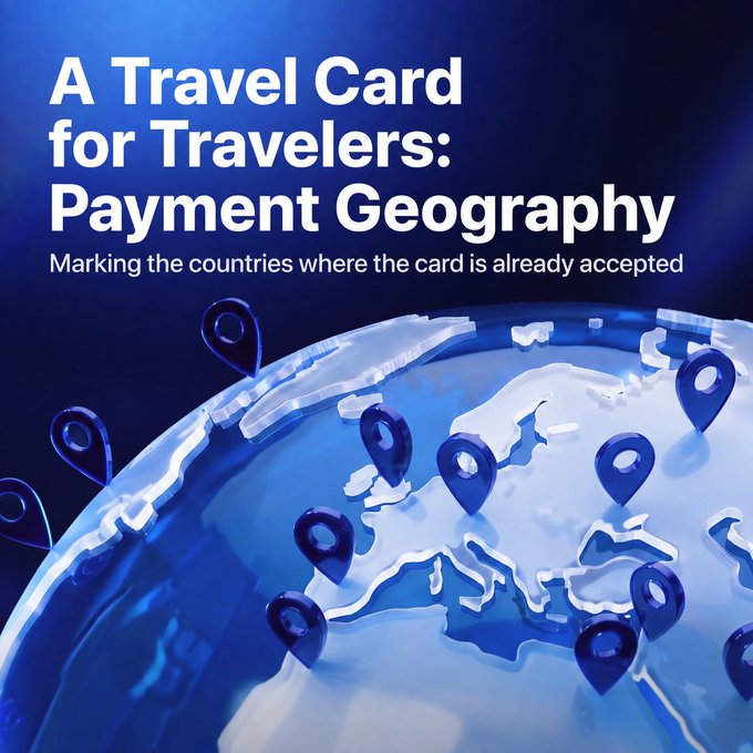 A graphic titled 'A Travel Card for Travelers: Payment Geography' showing a blue 3D globe with location pins marking countries where the card is accepted.