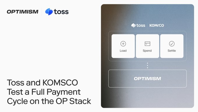 The image features a promotional graphic with the OPTIMISM and toss logos at the top, alongside the headline "Toss and KOMSCO Test a Full Payment Cycle on the OP Stack." On the right, a stylized card displays the toss and KOM·CO branding with icons representing "Load," "Spend," and "Settle" actions, connected to the OPTIMISM platform—visually illustrating the successful end-to-end payment cycle mentioned in the post.
