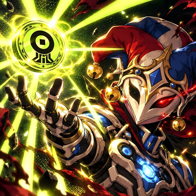 A vibrant digital artwork features an ornate jester-like armored figure with a red and blue checkered hat and glowing red eyes, reaching out to summon a radiant golden emblem shaped like a key or talisman against a cosmic background. The mystical character embodies the fantasy NFT theme of the Vorakel giveaway promotion, visually representing the magical universe and lore mentioned in the post.