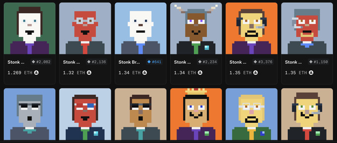 A grid of CryptoPunks NFT avatars with usernames like 'Stonk...' and prices in ETH ranging from 1.269 ETH to 1.35 ETH visible below each pixel art character.