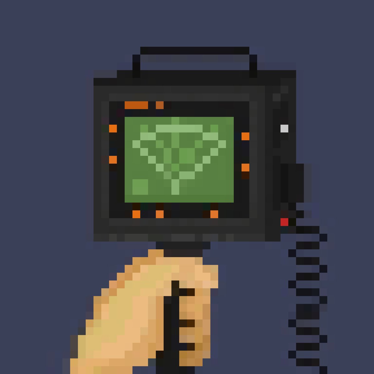 A person's hand holding a small electronic device, possibly an older style video camera or a TV remote control. The photo focuses on the person's interaction with the device rather than any specific event that occurred during the scene. There are no discernible actions taking place, and there is no additional context provided in the caption to connect it to the image.