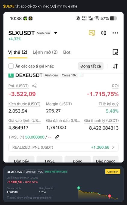 The image shows a trading app screenshot for the SLXUSDT (DEXE/USDT) perpetual futures position with a -3,522.09 USDT PnL (-1,715.75% ROI), entry price of 4.864917 USDT and current mark price around 1.791 USDT. The post describes the painful journey of this long position dropping from near $5 to roughly $1.7, with the user hoping for a recovery and asking if $DEXE can bounce back.