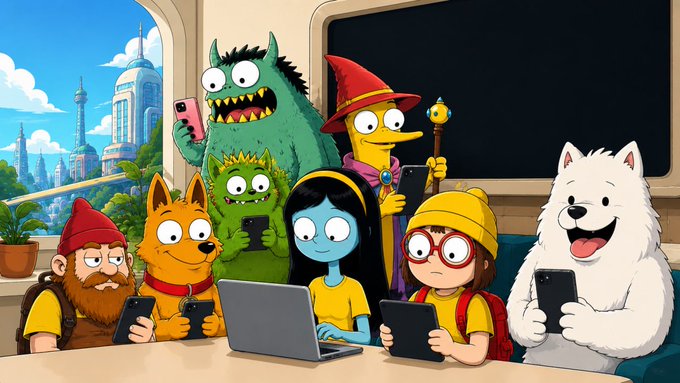 Cartoon illustration of various whimsical characters including a gnome, foxes, a witch, a blue-skinned girl, and a white dog, all engaged with smartphones and laptops in a modern room.