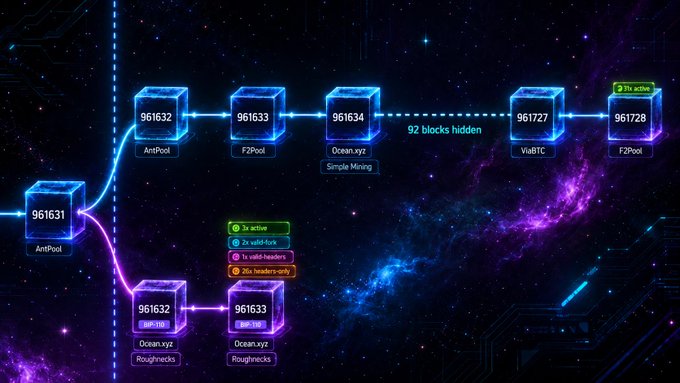 This image displays a cryptocurrency blockchain visualization showing block progression, with block 961631 splitting into two divergent paths—one leading through "AntPool, F2Pool, Ocean.xyz Simple Mining" to block 961728 (marked "9k active"), and another path through "Ocean.xyz Roughnecks" to block 961633, illustrating a contentious fork with 92 hidden blocks between the chains.

The visualization directly relates to the BIP-110 controversy by depicting how the proposed protocol change split miner support, with only 28k-45k "valid-headers-only" miners backing the BIP-110 chain while a much larger group stuck to the main network, symbolizing the failed attempt to rally consensus around the proposal.