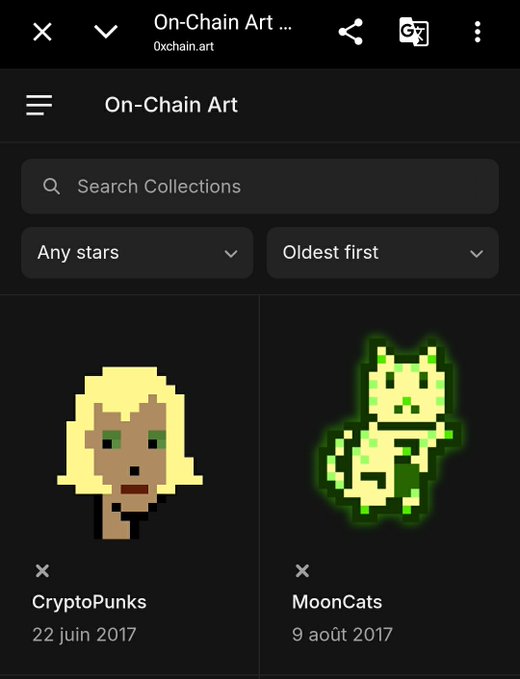 A screenshot of the On-Chain Art website (0xchain.art) showing a search interface with 'CryptoPunks' (22 juin 2017) and 'MoonCats' (9 août 2017) NFT collections displayed.