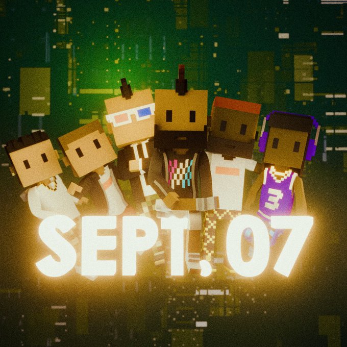 A Minecraft-style poster illustration showing six blocky characters posing together under large glowing text reading 'SEPT. 07' against a green circuit-board background.