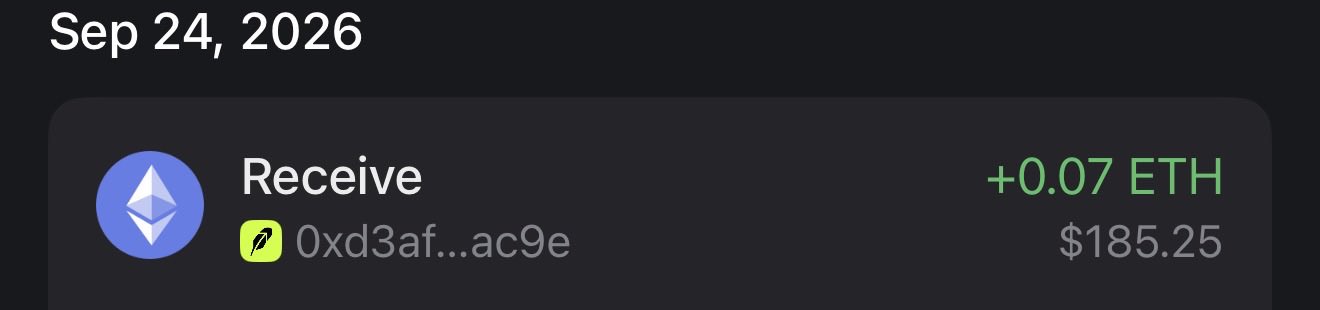 A transaction record dated Sep 24, 2026 shows a received Ethereum payment of +0.07 ETH (~$185.25) to address 0xd3af...ac9e, likely one of the crypto earnings the poster is grateful for from FRIEND TECH and FARCASTER.
