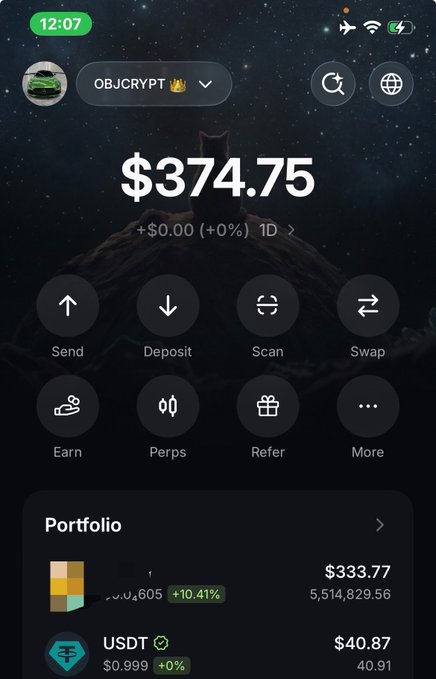 A mobile crypto wallet interface displaying a balance of $374.75 for the account 'OBJCRYPT', with portfolio holdings including a token worth $333.77 (5,514,829.56 units) and USDT valued at $40.87, alongside action buttons for Send, Deposit, Scan, Swap, Earn, Perps, Refer, and More.