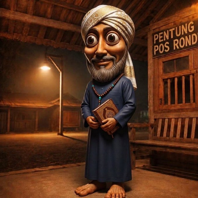 A 3D-rendered caricature of a bearded man wearing a turban and blue robe, holding an ornate book, standing in a nighttime village scene near a sign reading 'PENTUNG POS ROND'.