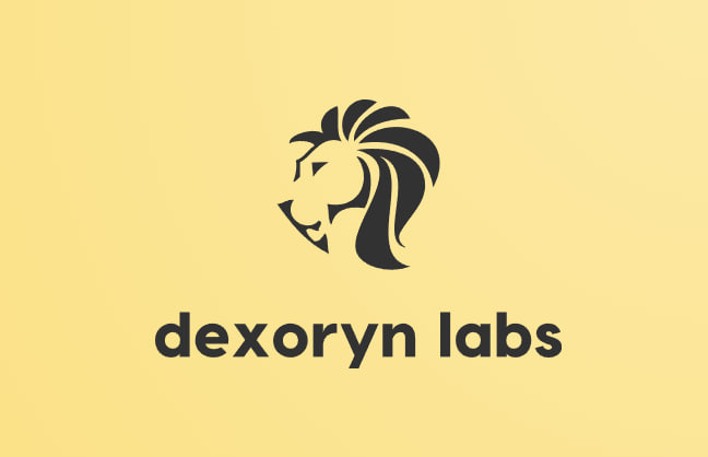 Logo for 'dexoryn labs' featuring a black lion's head icon on a yellow background.