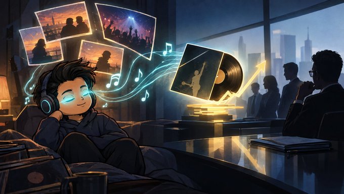Digital illustration of a person wearing headphones listening to music, with floating images and vinyl records emitting musical notes, set in a room with city skyline windows.