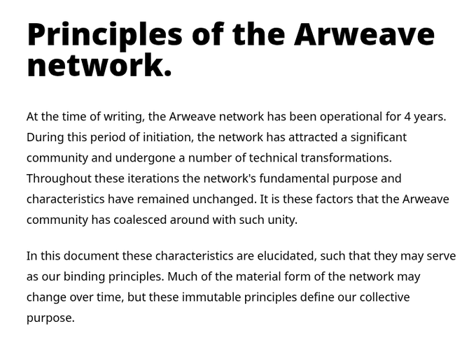 A text document titled 'Principles of the Arweave network' discussing the network's 4 years of operation and its fundamental purpose and characteristics.