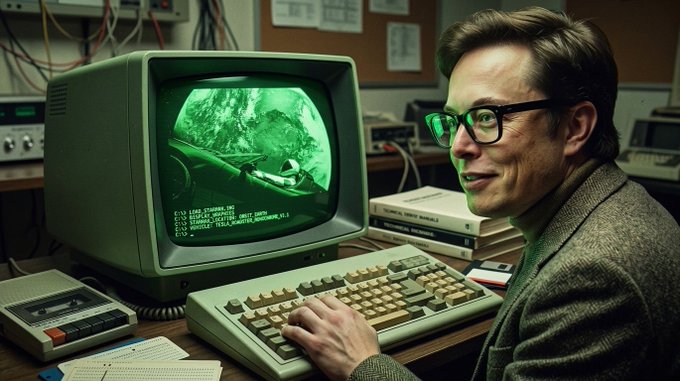 The image features a man sitting at a desk with an old computer monitor, keyboard, and mouse. He appears to be working or playing a video game using the computer. The background of the image shows a bookshelf filled with various items such as books and binders. There is also a small amount of text visible in the image that reads "Starman (OG on Solana) #Solana #memecoin #Starman #elon #ElonMusk #SpaceX". The man's focus on the computer screen suggests he might be engaged in an activity related to Starman or the Starman series.
