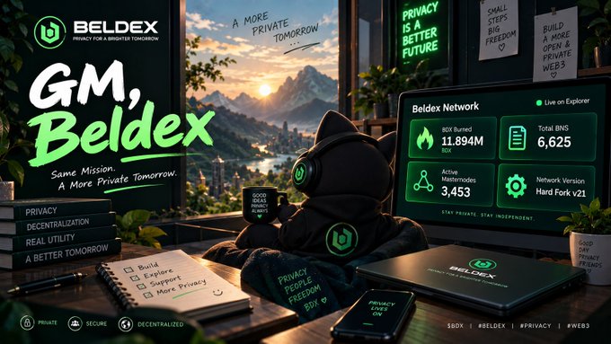 A 'GM, Beldex' themed banner shows a hooded character overlooking a sunrise cityscape, with a computer screen displaying 'Beldex Network' statistics including 11.894M BDX burned and 6,625 Total BNS, along with sticky notes advocating for privacy and web3.