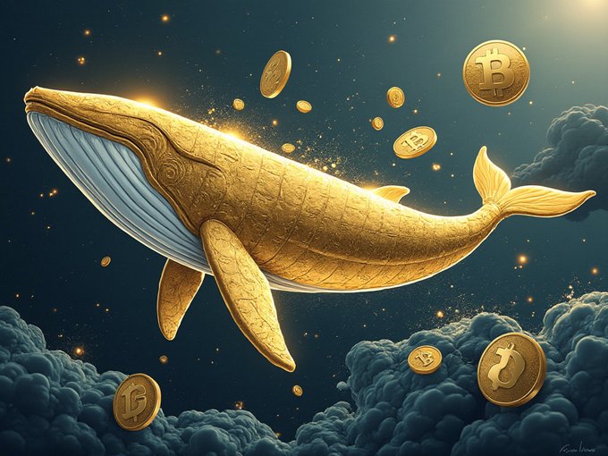 This image features a painting of an actual whale, which has coins around its neck as it floats amidst clouds and stars. The title of the painting is "Dogecoin Whales", suggesting that the whale might be related to the Dogecoin cryptocurrency. The post shows another 200 million dollars in Dogecoins floating in front of the whale, creating a sense of abundance and prosperity.