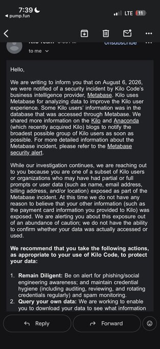 A screenshot of an email on a phone screen (pump.fun) notifying recipients of a security incident at Kilo Code's business intelligence provider, Metabase, on August 6, 2026, advising vigilance for phishing and offering the ability to download user data.