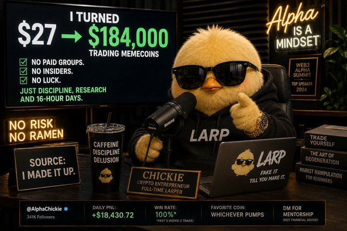 A meme image featuring a chick in sunglasses and a 'LARP' hoodie sitting at a desk with a microphone, surrounded by satirical crypto trading graphics including 'I TURNED $27 -> $184,000', 'CHICKIE CRYPTO ENTREPRENEUR FULL-TIME LARPER', and 'LARP FAKE IT TILL YOU MAKE IT'.