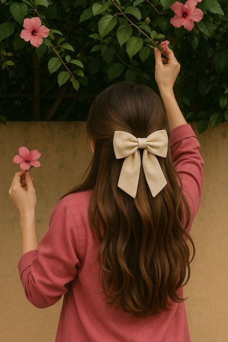 A girl with long brown wavy hair tied with a large cream bow stands with her back to the camera, holding a pink hibiscus flower in each hand near a flowering bush.