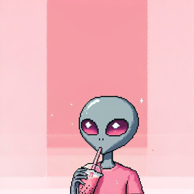 Pixel art of a gray alien with large purple eyes wearing a pink shirt and drinking from a juice box with a straw.