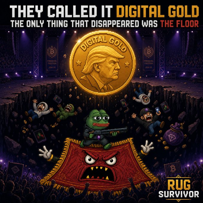 The artwork features a giant "DIGITAL GOLD" coin emblazoned with Donald Trump's profile collapsing into a pit where panicked investors fall around an angry rug monster and a Pepe frog wielding a shotgun, with banners reading "THEY CALLED IT DIGITAL GOLD — THE ONLY THING THAT DISAPPEARED WAS THE FLOOR" and the "RUG SURVIVOR" logo—visually mocking the $GOLD token's collapse while promoting the $RUG launch.