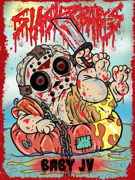 A cartoonish, bloody illustration of a figure in a hockey mask (Jason Voorhees) sitting in a flaming kiddie pool holding a bloody knife, with the text 'BLOODYBABY IV' at the bottom.