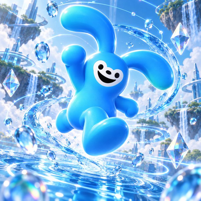 A digital illustration of a cheerful blue cartoon bunny-like character floating in water surrounded by glowing blue crystals, water droplets, and floating islands with futuristic cityscapes and waterfalls in the background.