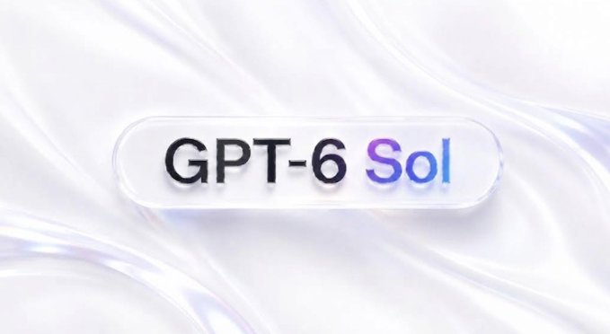 A sleek, frosted glass-like button displays "GPT-6 Sol" in black and purple gradient text against a flowing white silk background, visually introducing the rumored upcoming AI model mentioned in the post. The minimalist, futuristic design reinforces the post's theme of an advanced, newly tested OpenAI model potentially debuting at DevDay.