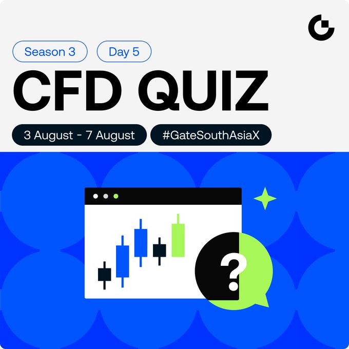 Promotional graphic for a 'CFD QUIZ' Season 3 Day 5 event running August 3-7, with the hashtag #GateSouthAsiaX and a candlestick chart illustration.