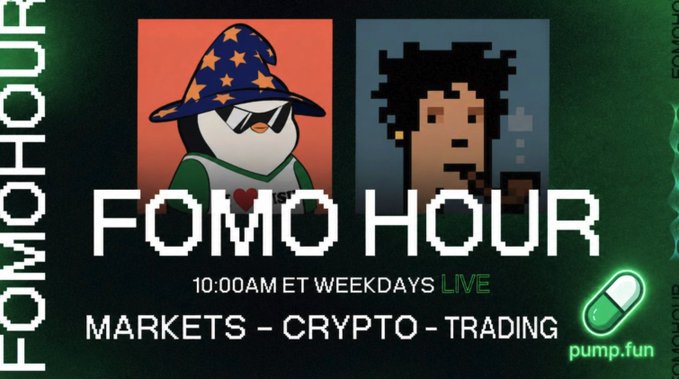 Promotional graphic for "FOMO Hour," a daily live stream covering markets, crypto, and trading at 10:00 AM ET weekdays, featuring pixel-art avatars including one wearing a starry wizard hat and a joker-style character, with a green pill capsule and "pump.fun" branding in the corner.