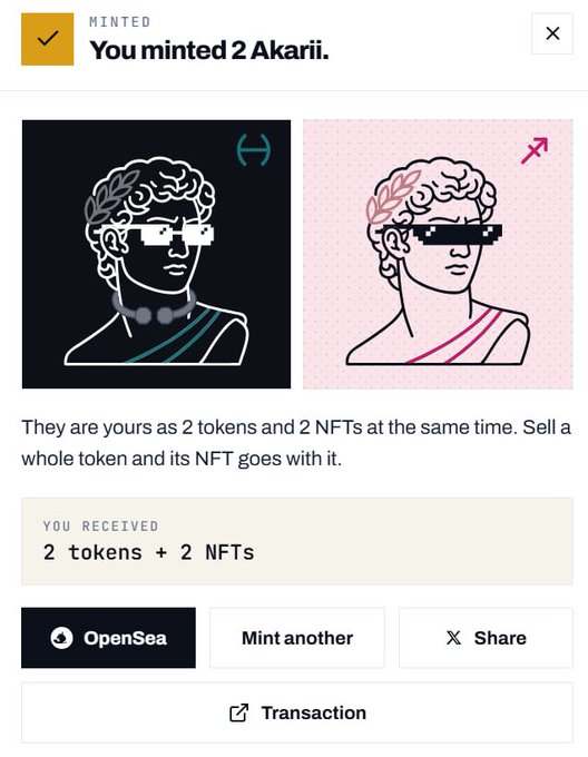 An NFT minting confirmation showing 'You minted 2 Akarii' with two classical statue-style illustrations, offering options to OpenSea, Mint another, Share, or view the Transaction.