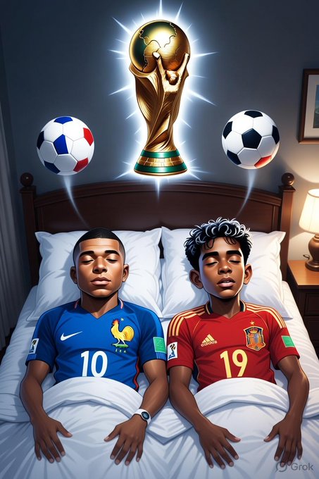 An illustration of two boys, one wearing a France jersey (#10) and the other a Spain jersey (#19), sleeping in bed with a FIFA World Cup trophy and soccer balls floating above them.